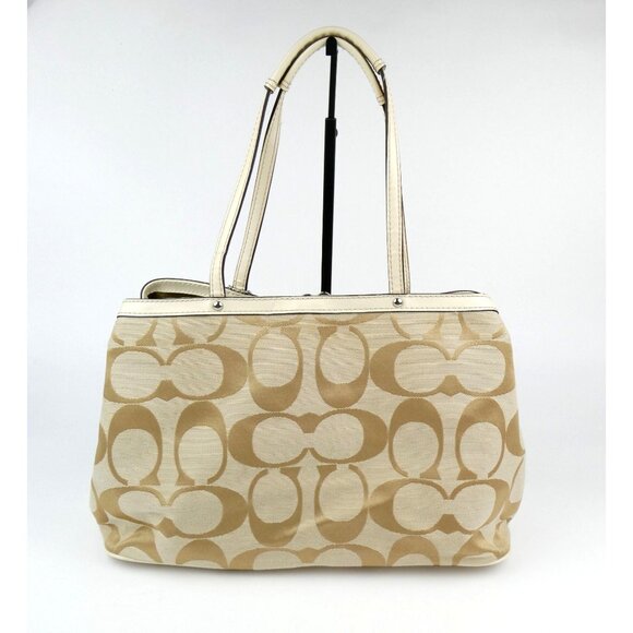 Coach Signature Light Khaki Chalk Canvas Leather Tote Shoulder Bag F19190 - Picture 3 of 16